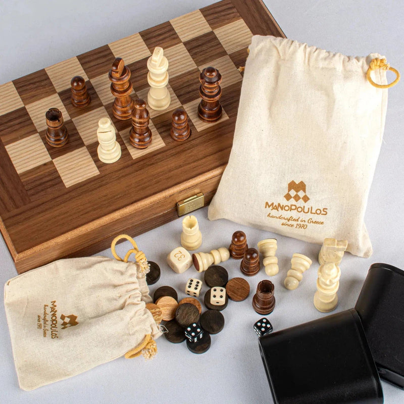 Sjakk & Backgammon | Valnøtt | Kombisett 2 spill i 1-Kombinasjonsspill-Manopoulos-Stort-Kvalitetstid AS