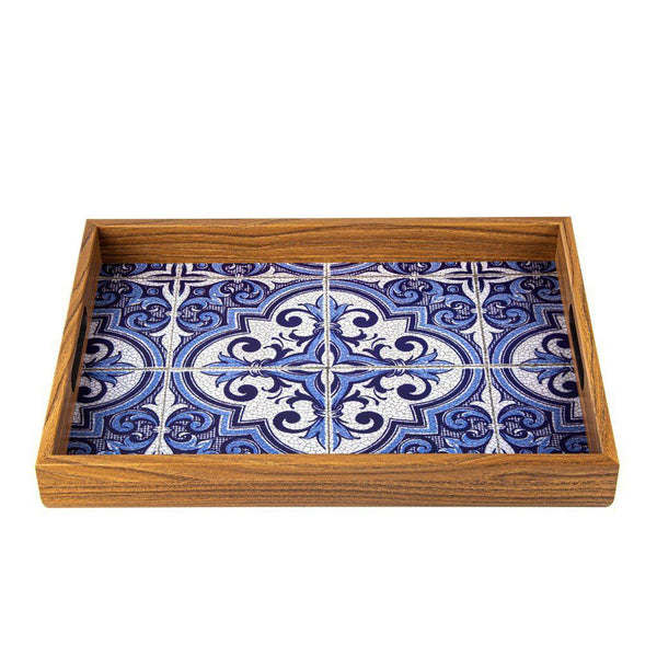 Serveringsbrett i tre med trykt motiv - BLUE MOSAIC-Decorative Objects-Manopoulos-Large-Kvalitetstid AS