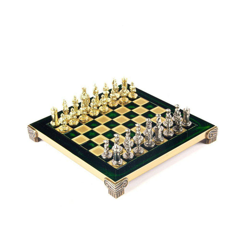 BYZANTINE EMPIRE CHESS SET with gold/silver chessmen and bronze chessboard 20 x 20cm (Extra Small)-Bordspill-Manopoulos-Blue-Extra-Small-Kvalitetstid AS