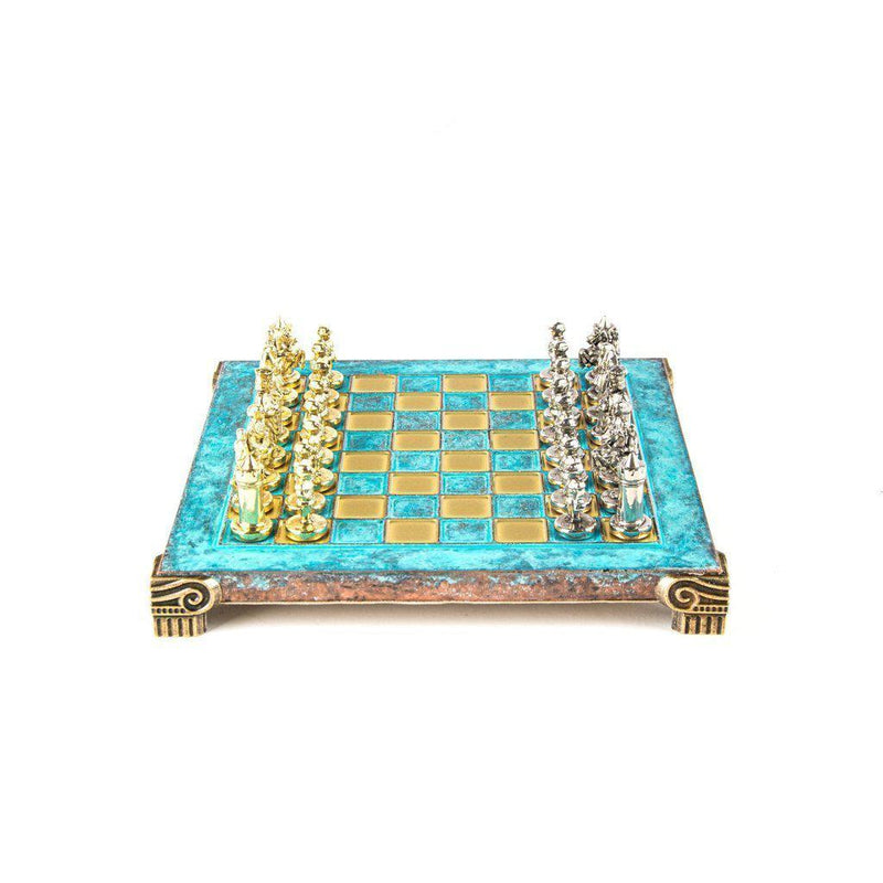 BYZANTINE EMPIRE CHESS SET with gold/silver chessmen and bronze chessboard 20 x 20cm (Extra Small)-Bordspill-Manopoulos-Turquoise-Extra Small-Kvalitetstid AS