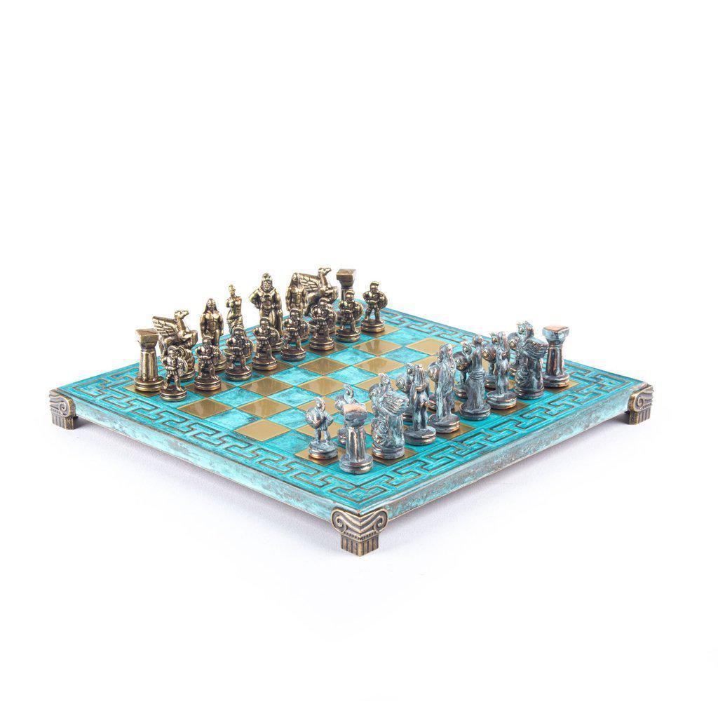 SPARTAN WARRIOR CHESS SET with blue/brown chessmen and Meander bronze chessboard 28 x 28cm (Small)-Bordspill-Manopoulos-Turquoise-Small-Kvalitetstid AS