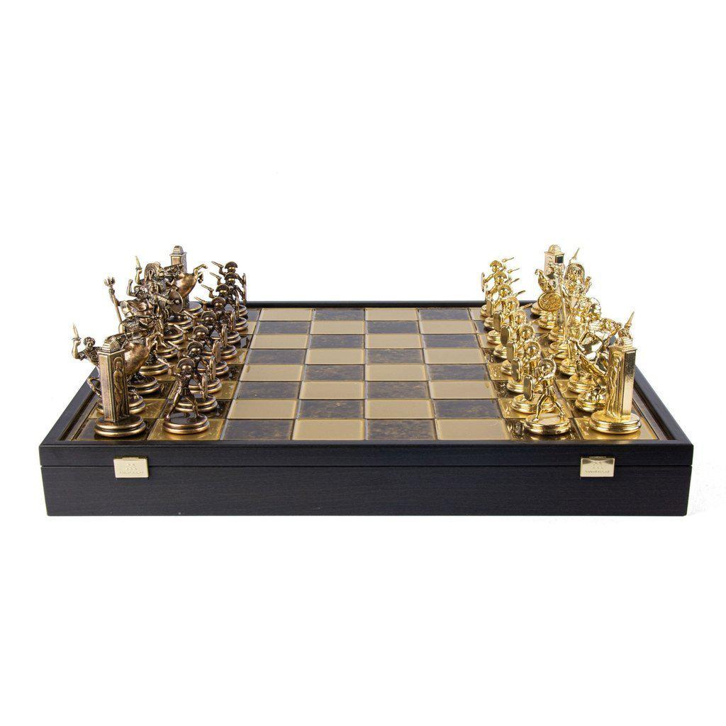 GREEK MYTHOLOGY CHESS SET in wooden box with gold/brown chessmen and bronze chessboard 48 x 48cm (Extra Large)-Bordspill-Manopoulos-Brown-Extra-Large-Kvalitetstid AS