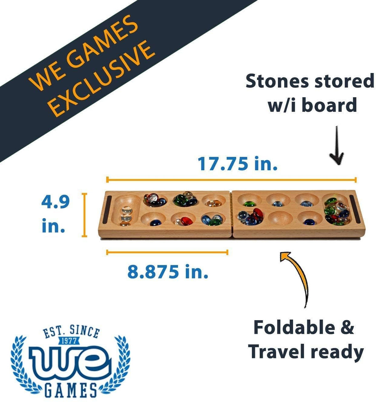 Mancala i tre – sammenleggbart spill med glassbrikker | WE Games