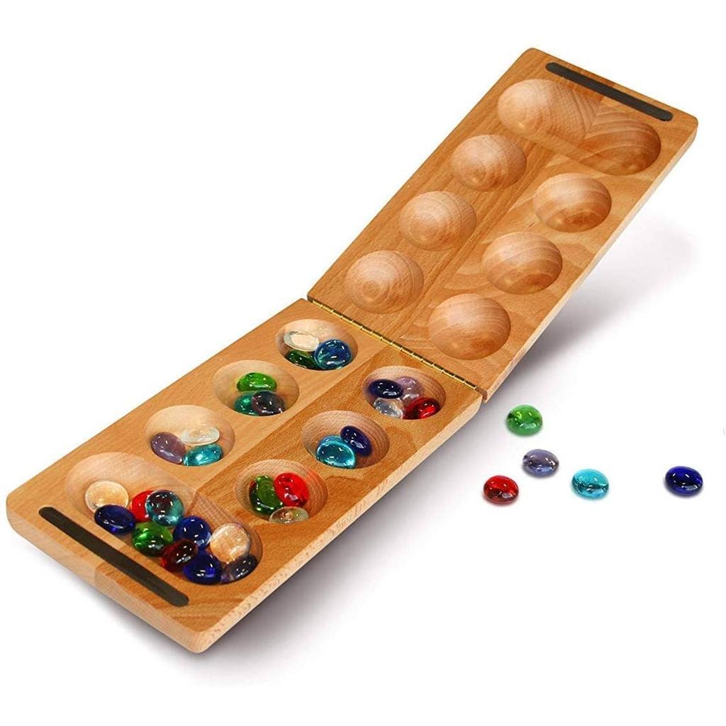 Mancala i tre – sammenleggbart spill med glassbrikker | WE Games | Wood Expressions