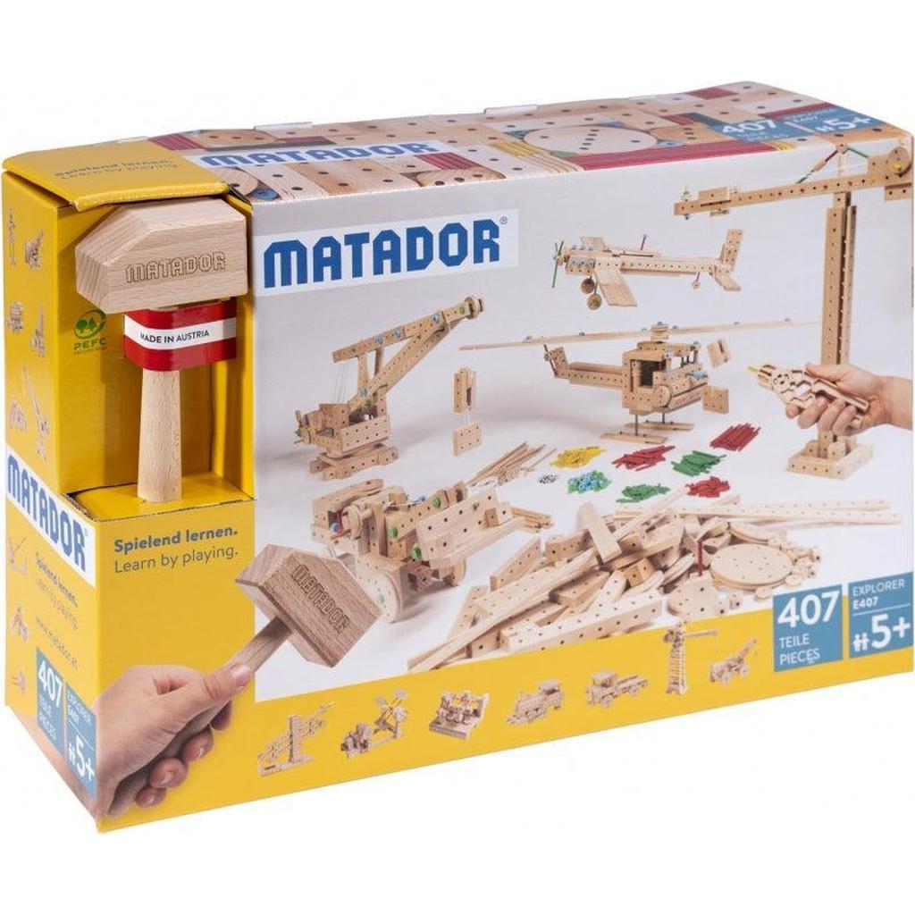 Matador Explorer E407 Byggesett For Barn Fra 5 År Med 407 Deler, Hammer Og Tang, Stabilt 100% Østerriksk Tre-Matador-Kvalitetstid AS