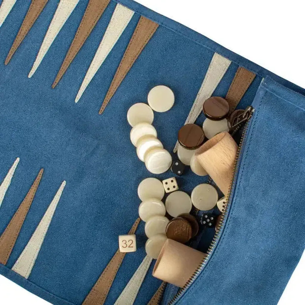 Roll-Up Backgammon | Semsket Skinn | Blå-Backgammon-Manopoulos-Kvalitetstid AS
