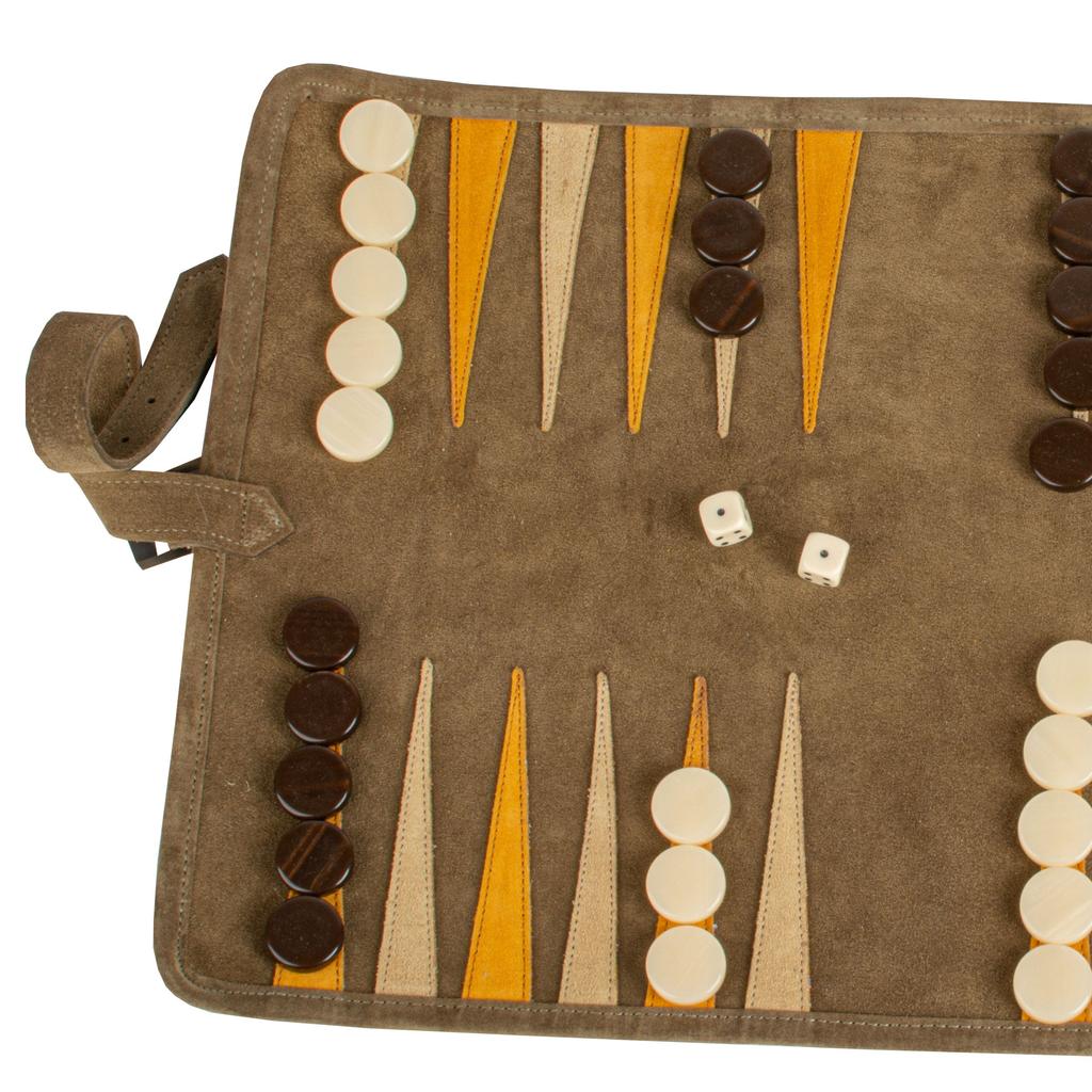 Roll-Up Backgammon | Semsket Skinn | Khaki-Backgammon-Manopoulos-Kvalitetstid AS