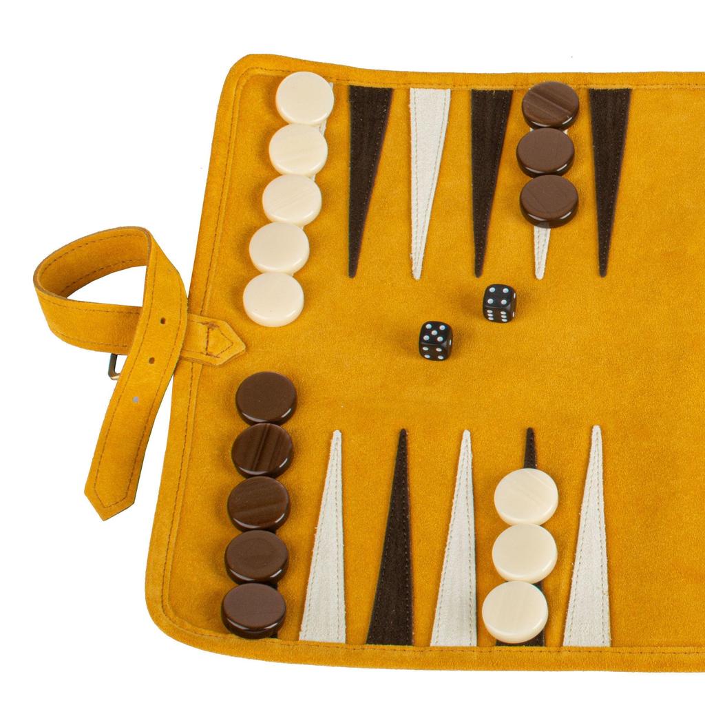 Roll-Up Backgammon | Semsket Skinn | Gul-Backgammon-Manopoulos-Kvalitetstid AS