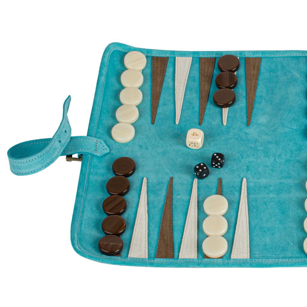 Roll-Up Backgammon | Semsket Skinn | Turkis-Backgammon-Manopoulos-Kvalitetstid AS