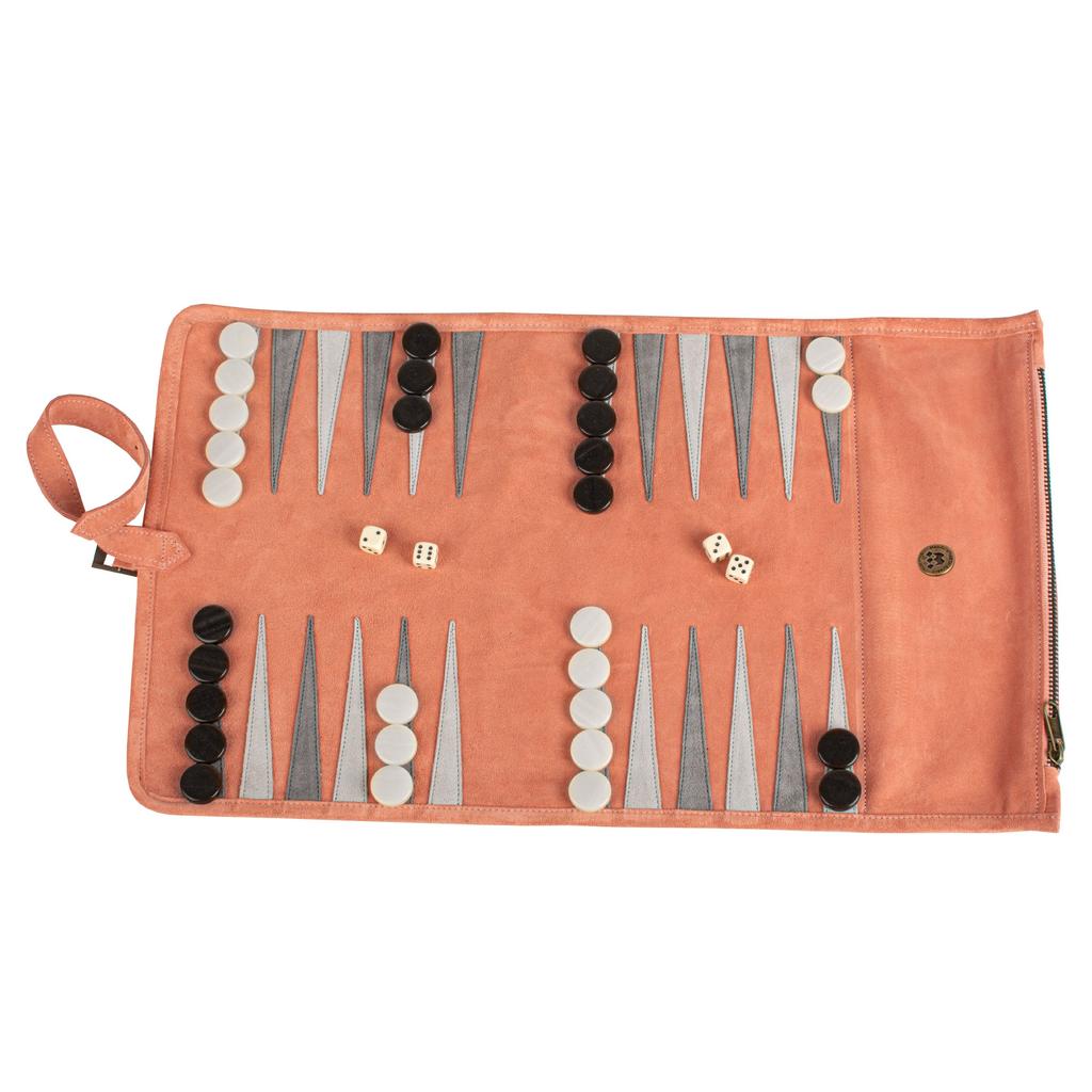 Roll-Up Backgammon | Semsket Skinn | Lakserosa-Backgammon-Manopoulos-Kvalitetstid AS