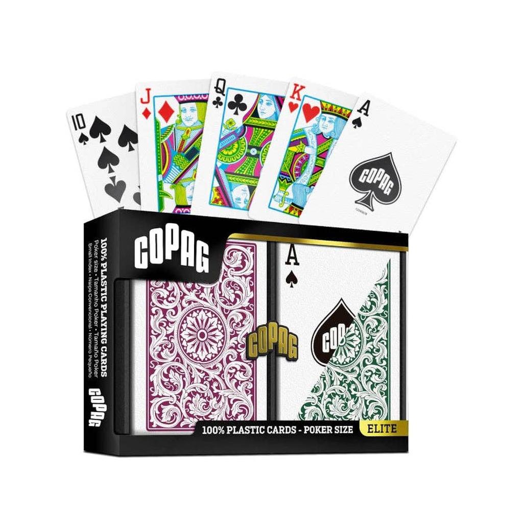 Copag Elite Poker Regular Index Dobbel Plast Kortsett Grønn Burgunder For Profesjonelle Spillere-Kortstokker-Cardshouse-Kvalitetstid AS