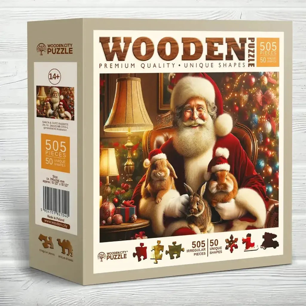 Trepuslespill Jul Santa Og Søte Kaniner Veggdekor Familie-Wooden City-Kvalitetstid AS