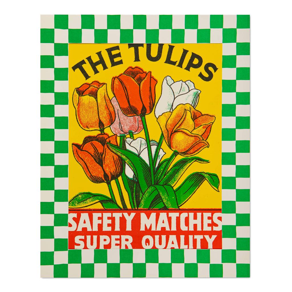 Tulips Print Stor Storformat 40x50 Cm Gul Bakgrunn Med Røde Oransje Og Hvite Tulipaner Og Safety Matches Super Quality-Archivist Gallery | Europe-Kvalitetstid AS