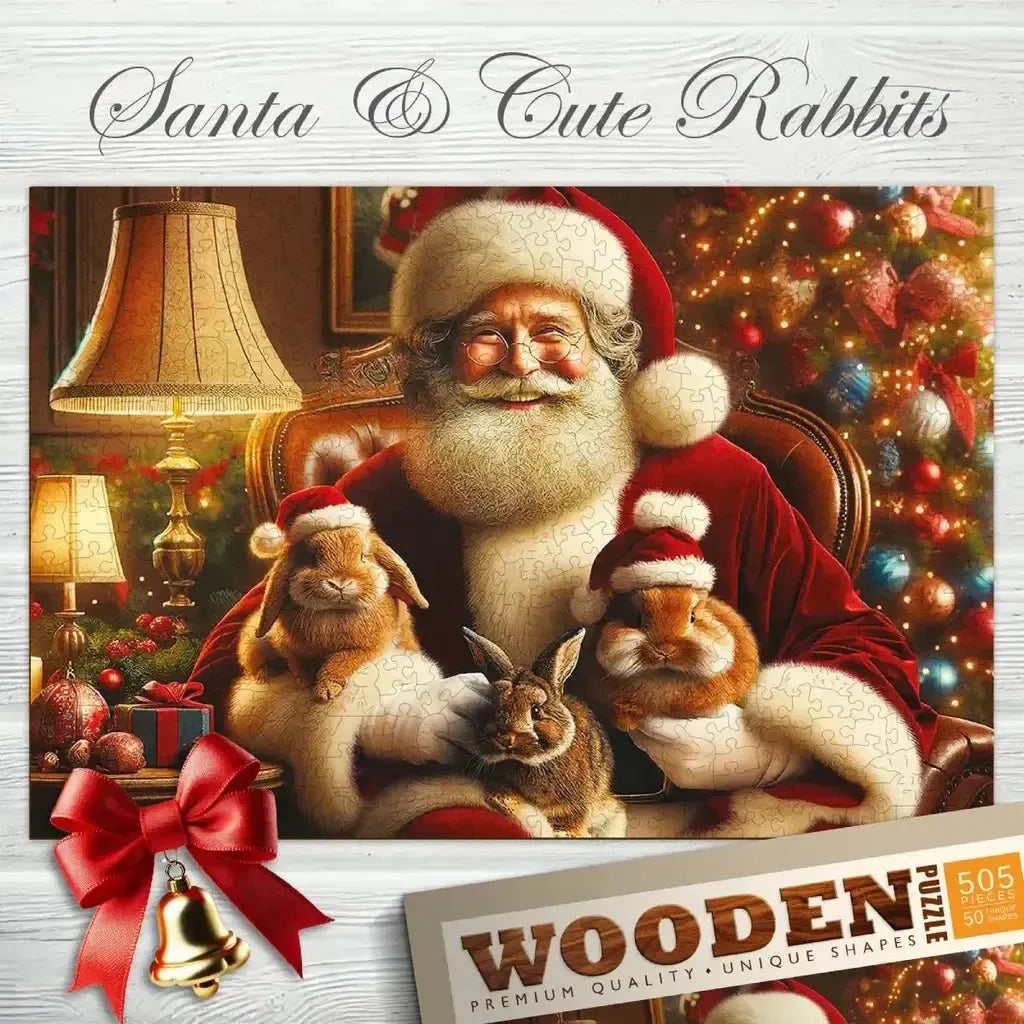 Trepuslespill Jul Santa Og Søte Kaniner Veggdekor Familie-Wooden City-Kvalitetstid AS