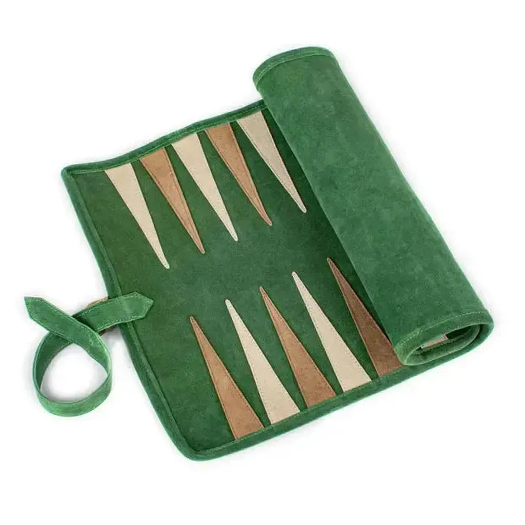 Roll-Up Backgammon | Semsket Skinn | Grønn-Backgammon-Manopoulos-Kvalitetstid AS
