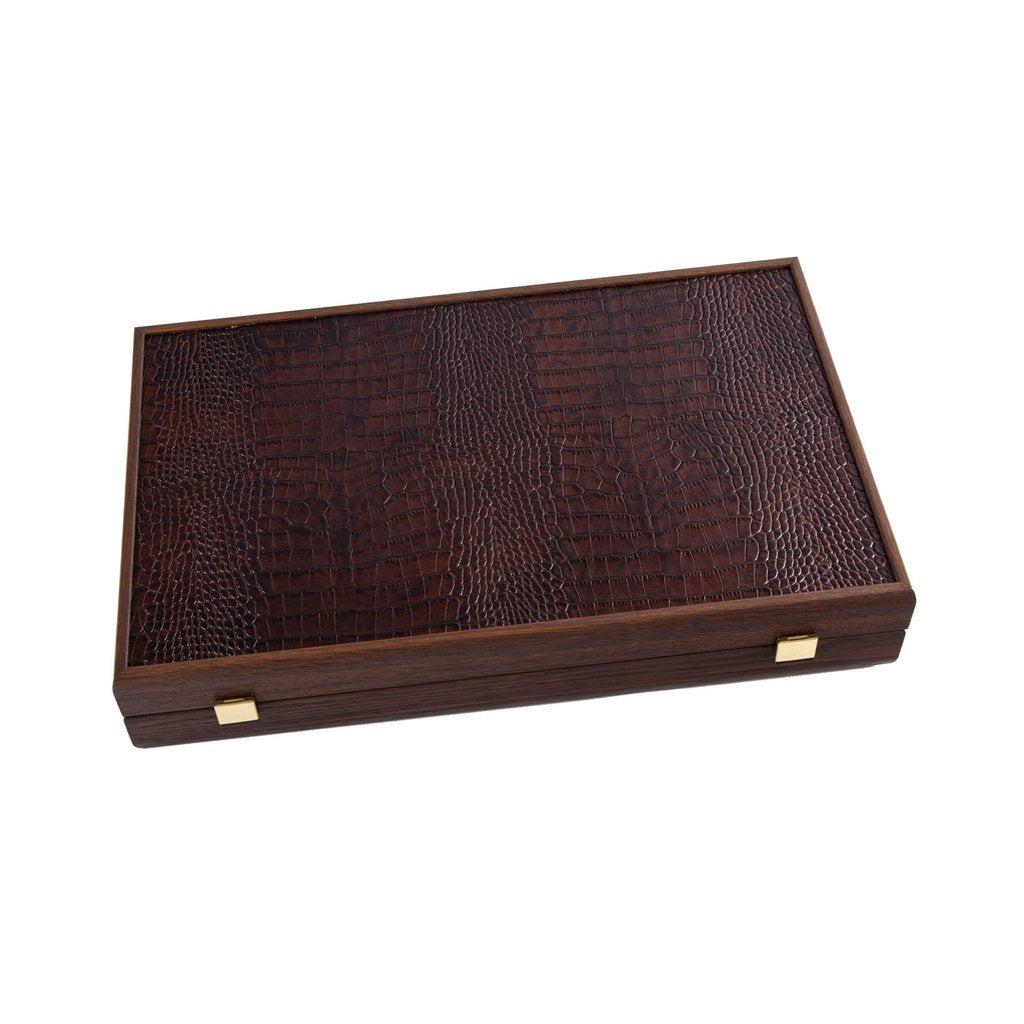 CROCODILE TOTE in ANTIQUE BROWN LEATHER Backgammon-Bordspill-Manopoulos-Large-Kvalitetstid AS
