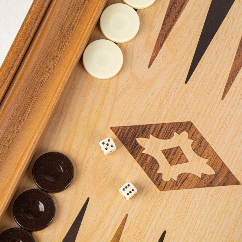 OAK-WALNUT REPLICA WOOD Backgammon with Side Racks-Bordspill-Manopoulos-Large-Kvalitetstid AS