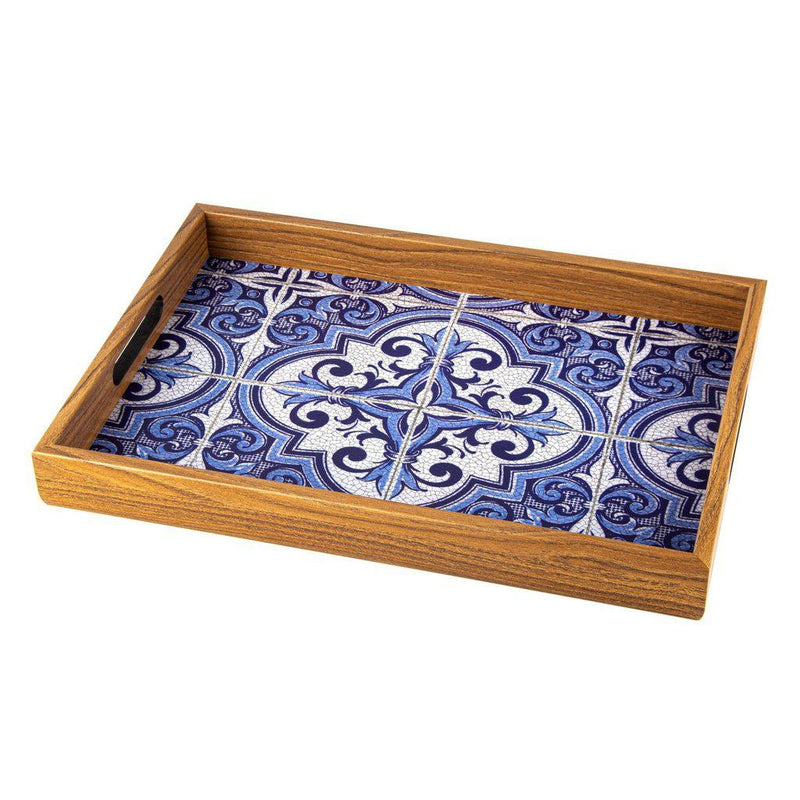 Serveringsbrett i tre med trykt motiv - BLUE MOSAIC-Decorative Objects-Manopoulos-Large-Kvalitetstid AS