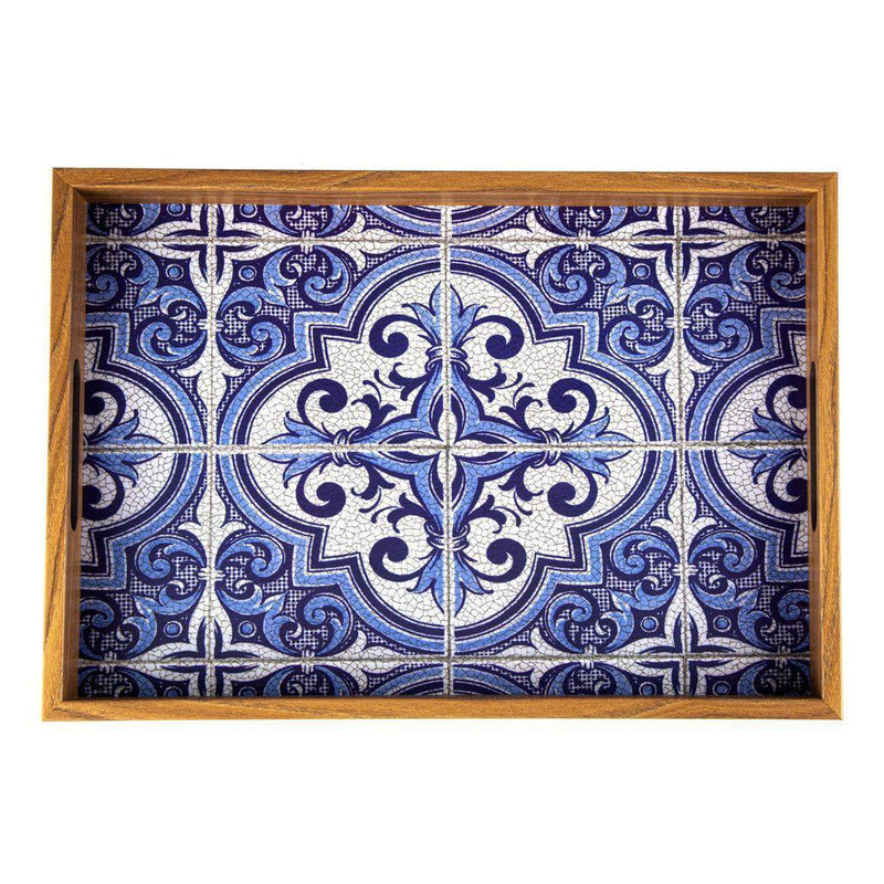 Serveringsbrett i tre med trykt motiv - BLUE MOSAIC-Decorative Objects-Manopoulos-Large-Kvalitetstid AS