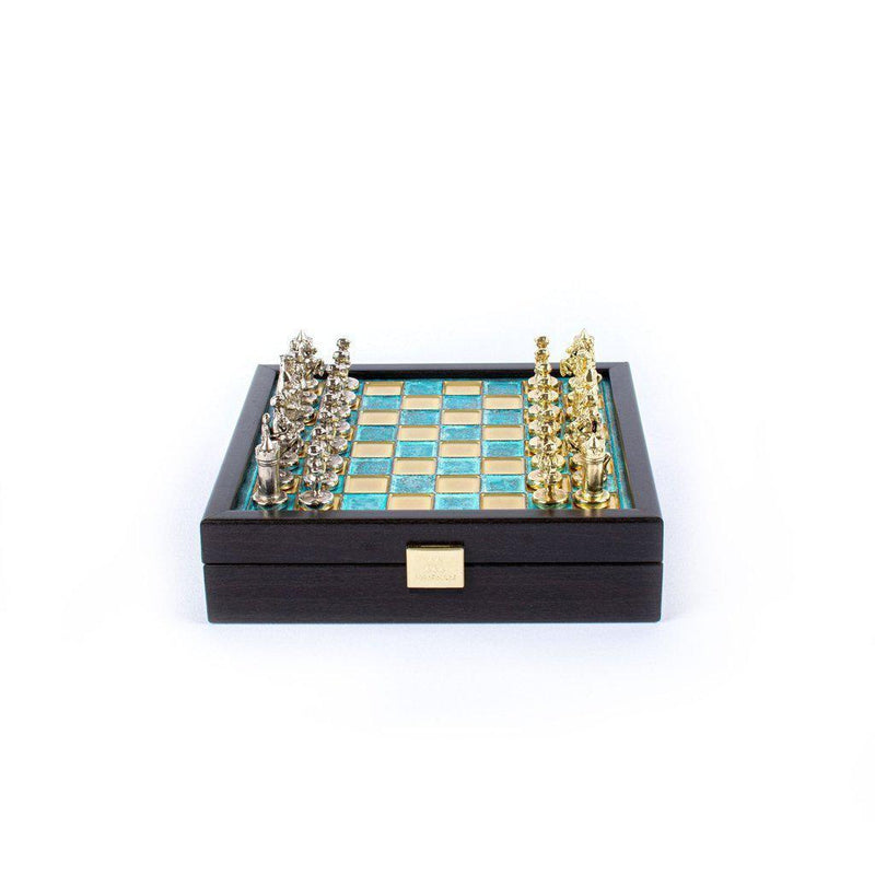 BYZANTINE EMPIRE CHESS SET In Wooden Box With Storage with gold/silver chessmen and bronze chessboard 20 x 20cm (Extra Small)-Bordspill-Manopoulos-Turquoise-Extra-Small-Kvalitetstid AS