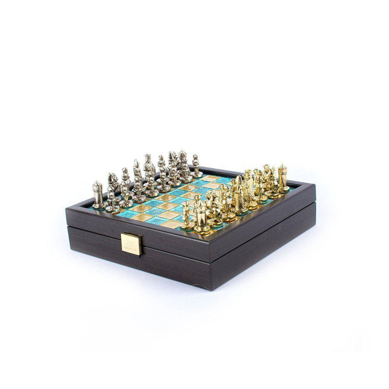 BYZANTINE EMPIRE CHESS SET In Wooden Box With Storage with gold/silver chessmen and bronze chessboard 20 x 20cm (Extra Small)-Bordspill-Manopoulos-Blue-Extra-Small-Kvalitetstid AS