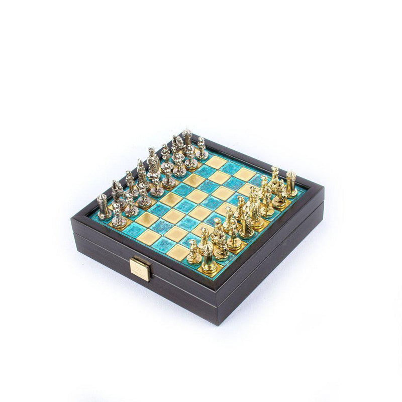 BYZANTINE EMPIRE CHESS SET In Wooden Box With Storage with gold/silver chessmen and bronze chessboard 20 x 20cm (Extra Small)-Bordspill-Manopoulos-Blue-Extra-Small-Kvalitetstid AS