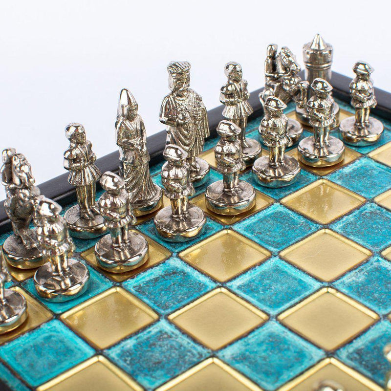 BYZANTINE EMPIRE CHESS SET In Wooden Box With Storage with gold/silver chessmen and bronze chessboard 20 x 20cm (Extra Small)-Bordspill-Manopoulos-Blue-Extra-Small-Kvalitetstid AS