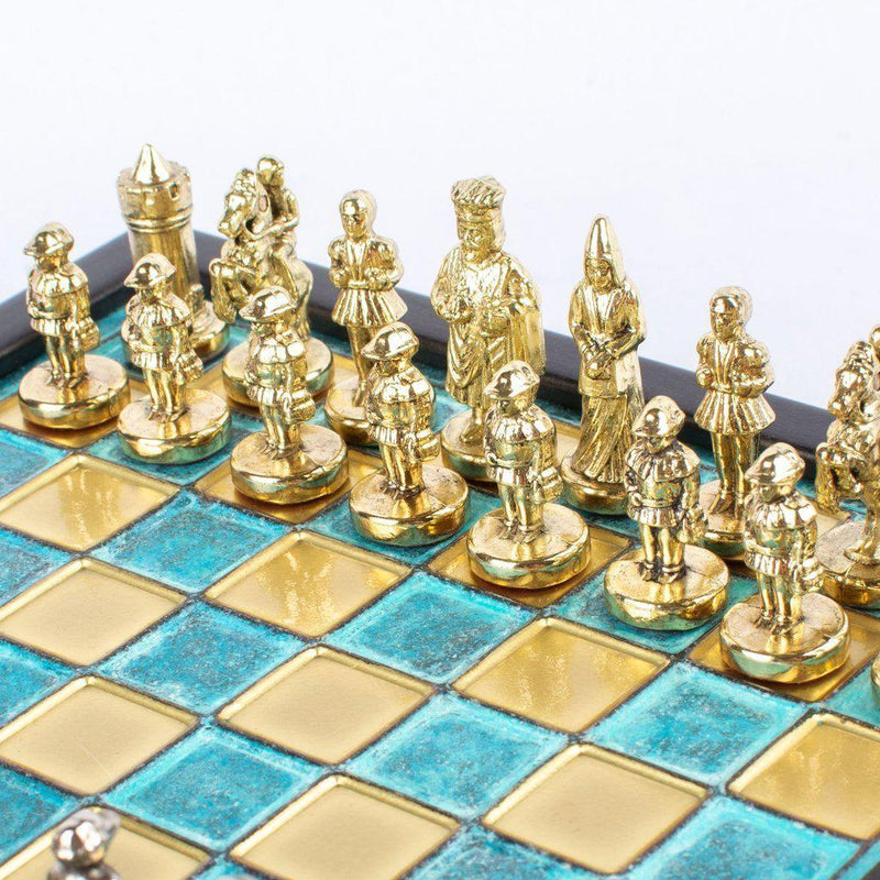 BYZANTINE EMPIRE CHESS SET In Wooden Box With Storage with gold/silver chessmen and bronze chessboard 20 x 20cm (Extra Small)-Bordspill-Manopoulos-Blue-Extra-Small-Kvalitetstid AS