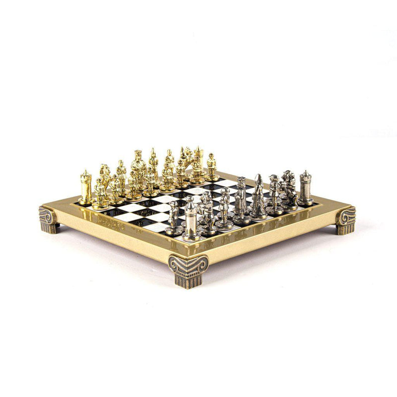 BYZANTINE EMPIRE CHESS SET with gold/silver chessmen and bronze chessboard 20 x 20cm (Extra Small)-Bordspill-Manopoulos-Blue-Extra-Small-Kvalitetstid AS