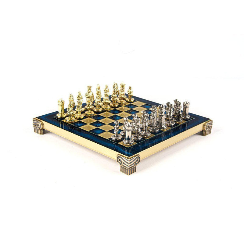 BYZANTINE EMPIRE CHESS SET with gold/silver chessmen and bronze chessboard 20 x 20cm (Extra Small)-Bordspill-Manopoulos-Blue-Extra-Small-Kvalitetstid AS