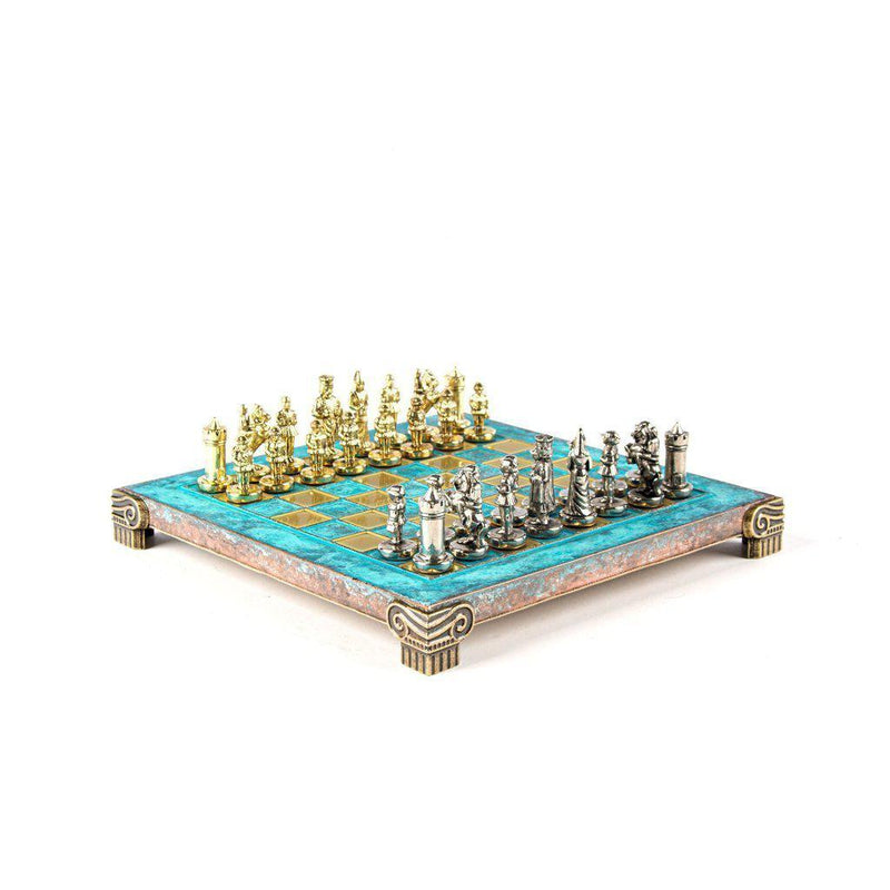 BYZANTINE EMPIRE CHESS SET with gold/silver chessmen and bronze chessboard 20 x 20cm (Extra Small)-Bordspill-Manopoulos-Blue-Extra-Small-Kvalitetstid AS