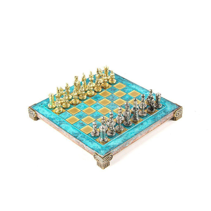 BYZANTINE EMPIRE CHESS SET with gold/silver chessmen and bronze chessboard 20 x 20cm (Extra Small)-Bordspill-Manopoulos-Blue-Extra-Small-Kvalitetstid AS