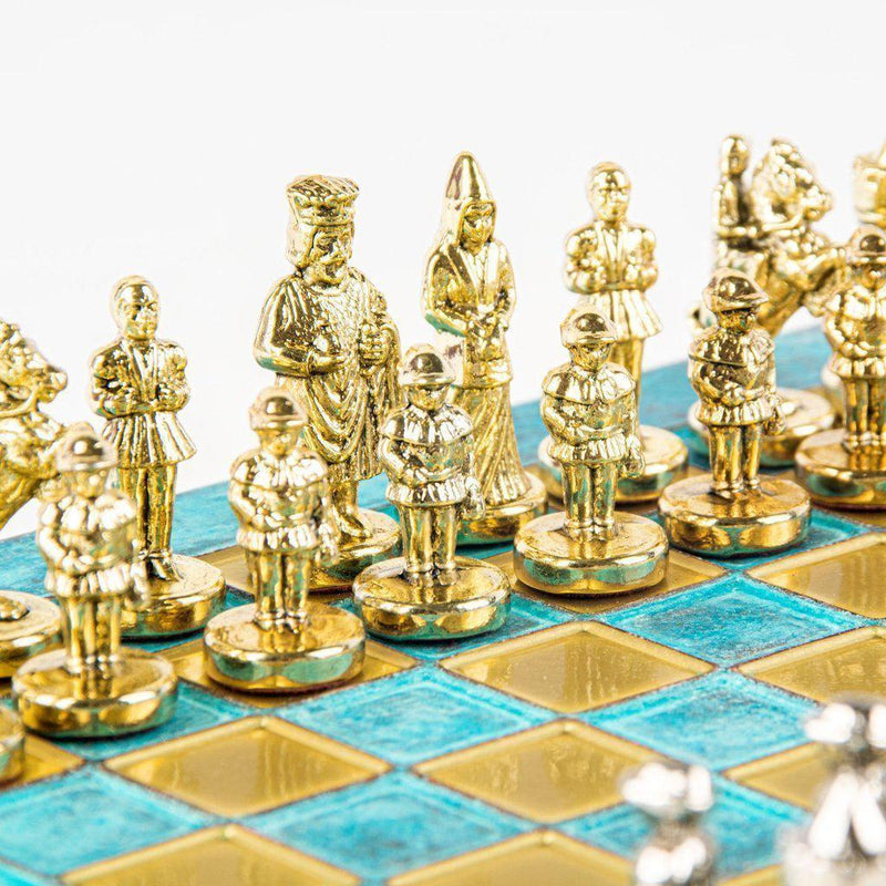 BYZANTINE EMPIRE CHESS SET with gold/silver chessmen and bronze chessboard 20 x 20cm (Extra Small)-Bordspill-Manopoulos-Blue-Extra-Small-Kvalitetstid AS