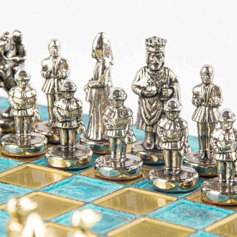 BYZANTINE EMPIRE CHESS SET with gold/silver chessmen and bronze chessboard 20 x 20cm (Extra Small)-Bordspill-Manopoulos-Blue-Extra-Small-Kvalitetstid AS