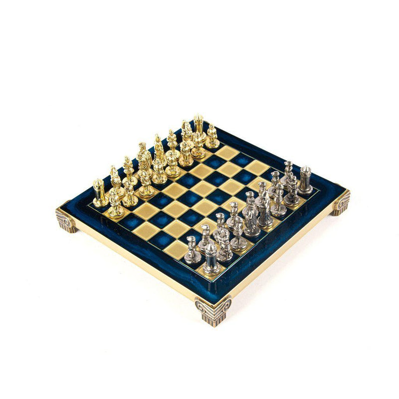 BYZANTINE EMPIRE CHESS SET with gold/silver chessmen and bronze chessboard 20 x 20cm (Extra Small)-Bordspill-Manopoulos-Blue-Extra-Small-Kvalitetstid AS