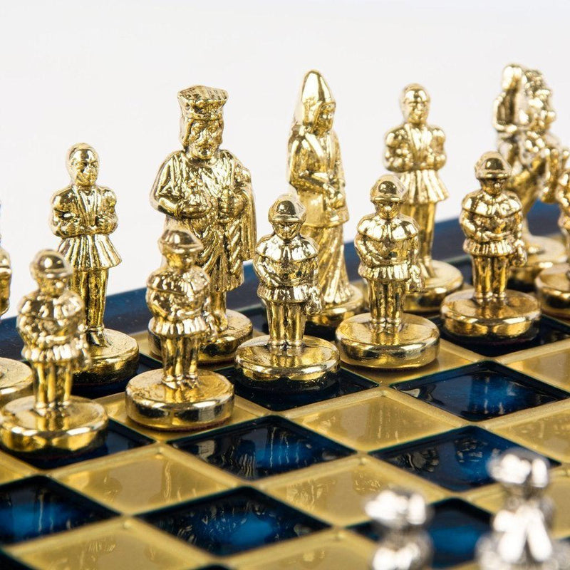 BYZANTINE EMPIRE CHESS SET with gold/silver chessmen and bronze chessboard 20 x 20cm (Extra Small)-Bordspill-Manopoulos-Blue-Extra-Small-Kvalitetstid AS