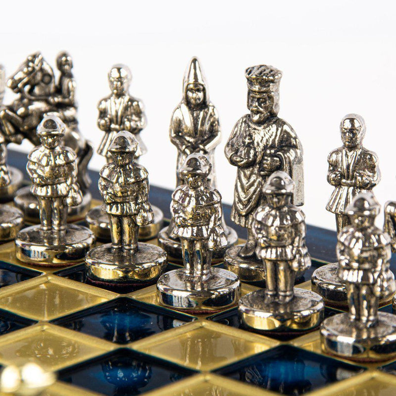 BYZANTINE EMPIRE CHESS SET with gold/silver chessmen and bronze chessboard 20 x 20cm (Extra Small)-Bordspill-Manopoulos-Blue-Extra-Small-Kvalitetstid AS