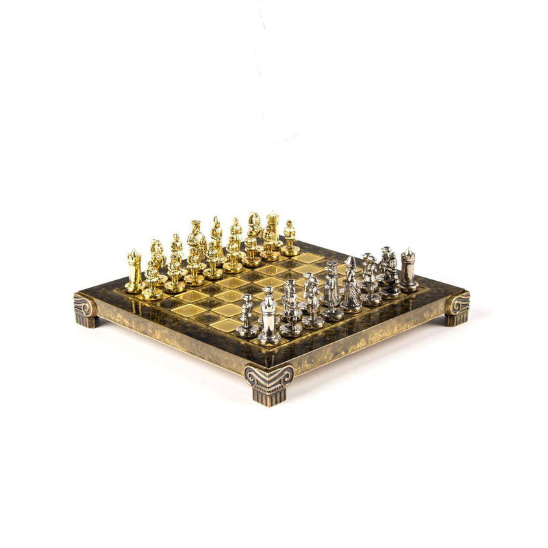 BYZANTINE EMPIRE CHESS SET with gold/silver chessmen and bronze chessboard 20 x 20cm (Extra Small)-Bordspill-Manopoulos-Blue-Extra-Small-Kvalitetstid AS