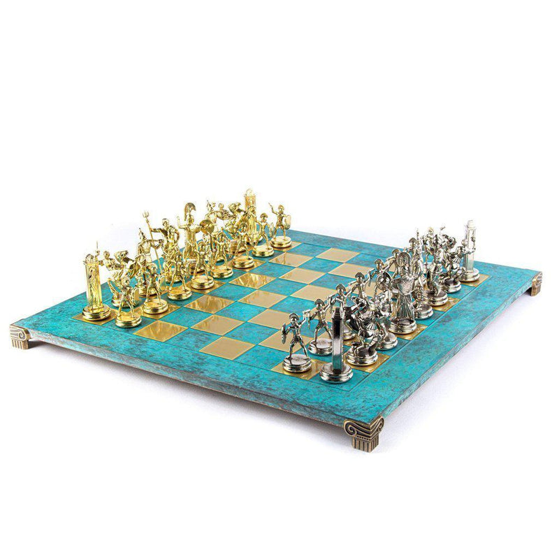 GREEK MYTHOLOGY CHESS SET with gold/silver chessmen and bronze chessboard 54 x 54cm (Extra Large)-Chess-Manopoulos-Turquoise-Extra-Large-Kvalitetstid AS