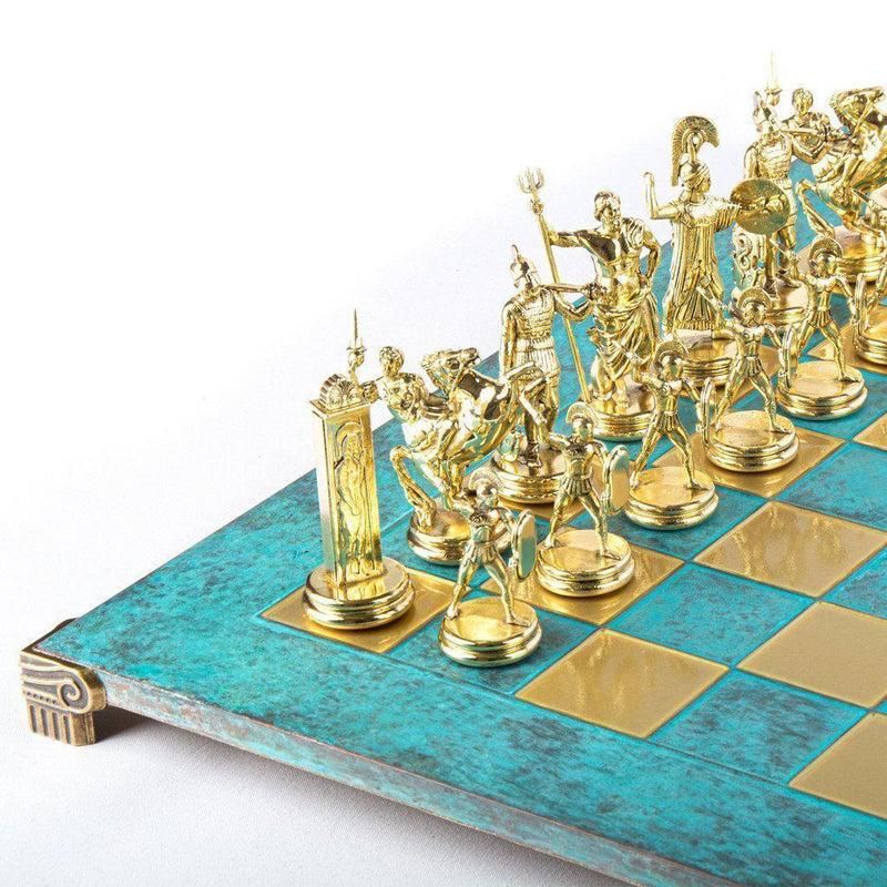 GREEK MYTHOLOGY CHESS SET with gold/silver chessmen and bronze chessboard 54 x 54cm (Extra Large)-Chess-Manopoulos-Turquoise-Extra-Large-Kvalitetstid AS