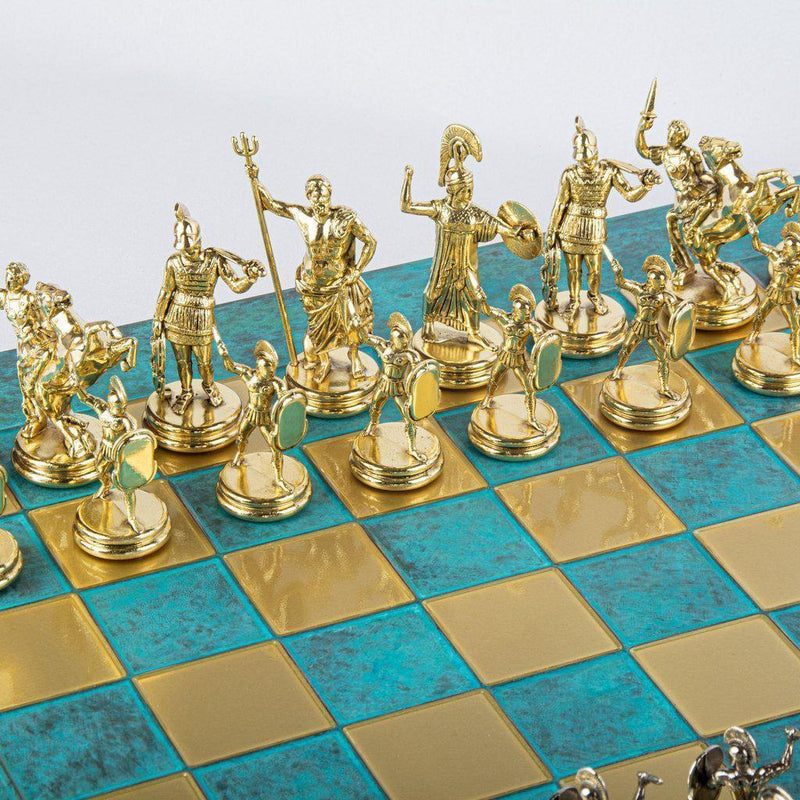 GREEK MYTHOLOGY CHESS SET with gold/silver chessmen and bronze chessboard 54 x 54cm (Extra Large)-Chess-Manopoulos-Turquoise-Extra-Large-Kvalitetstid AS