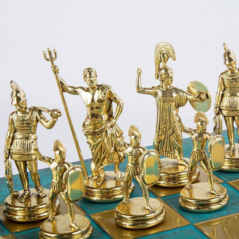 GREEK MYTHOLOGY CHESS SET with gold/silver chessmen and bronze chessboard 54 x 54cm (Extra Large)-Chess-Manopoulos-Turquoise-Extra-Large-Kvalitetstid AS