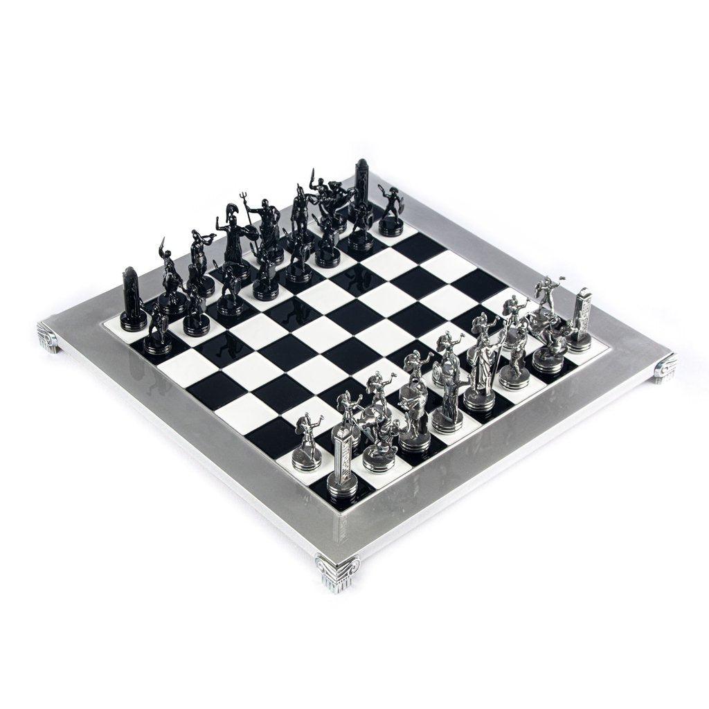 GREEK MYTHOLOGY CHESS SET with black/grey chessmen and aluminium chessboard 36 x 36cm (Medium)-Bordspill-Manopoulos-Black-Medium-Kvalitetstid AS