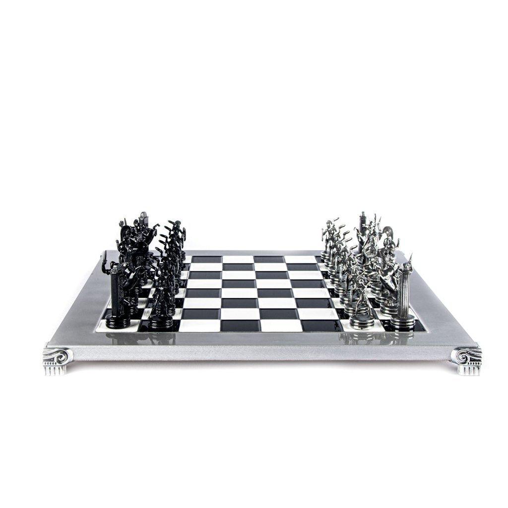 GREEK MYTHOLOGY CHESS SET with black/grey chessmen and aluminium chessboard 36 x 36cm (Medium)-Bordspill-Manopoulos-Black-Medium-Kvalitetstid AS