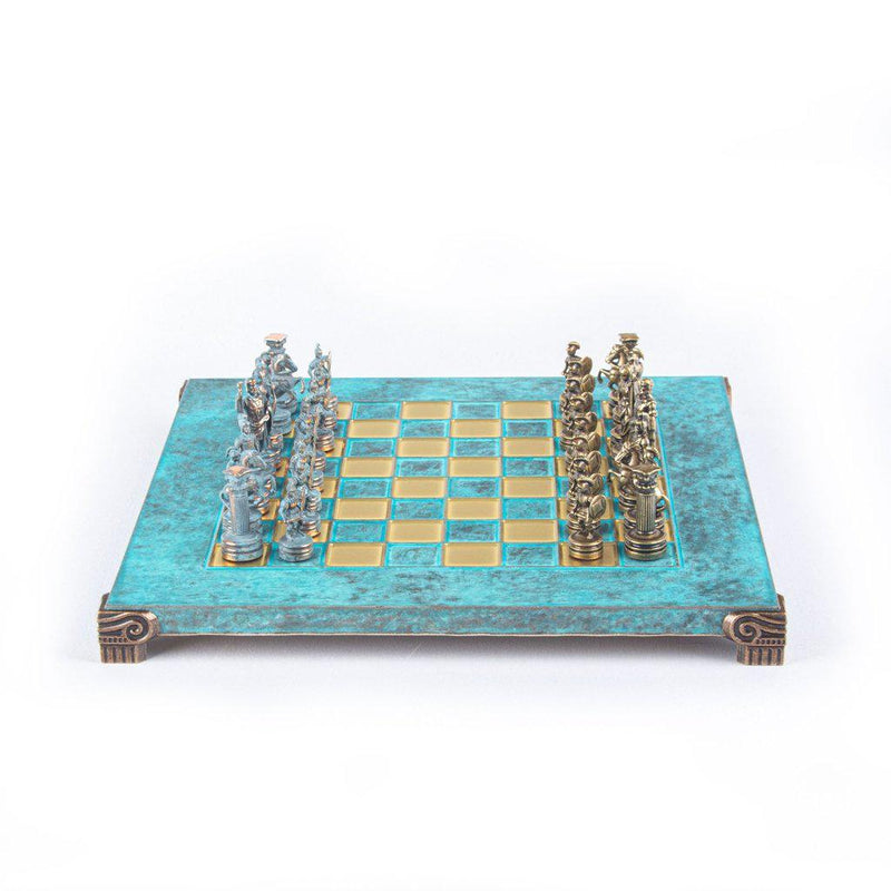 GREEK ROMAN PERIOD CHESS SET with blue/brown chessmen and bronze chessboard 28 x 28cm (Small)-Chess-Manopoulos-Turquoise-Small-Kvalitetstid AS