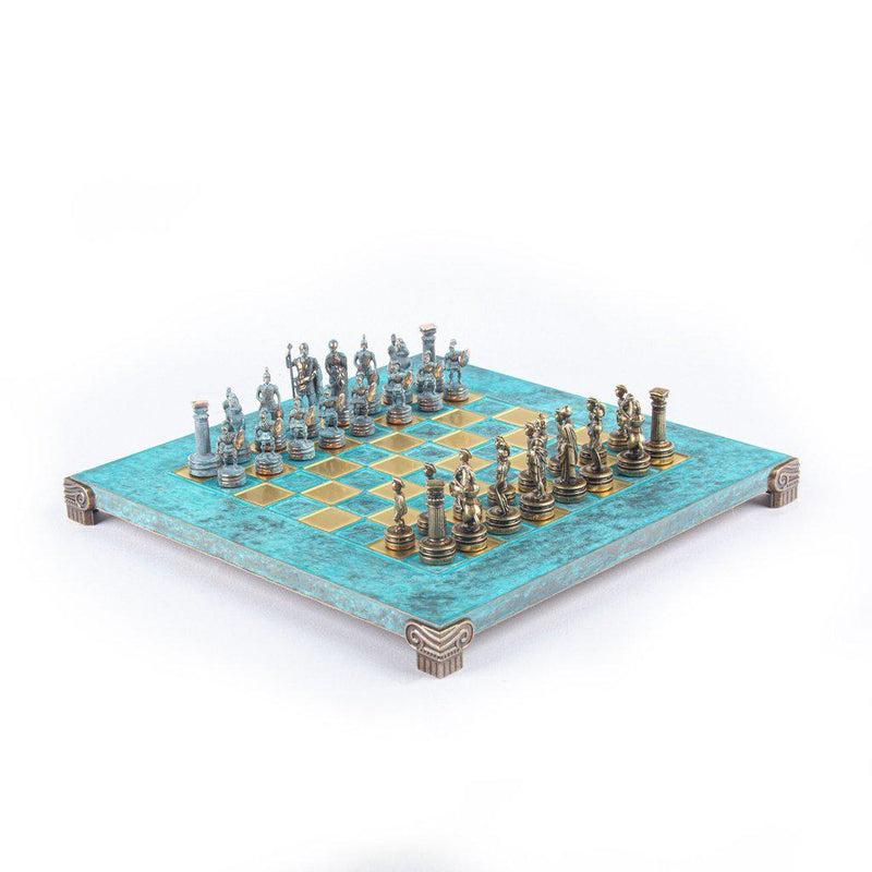 GREEK ROMAN PERIOD CHESS SET with blue/brown chessmen and bronze chessboard 28 x 28cm (Small)-Chess-Manopoulos-Brown-Small-Kvalitetstid AS