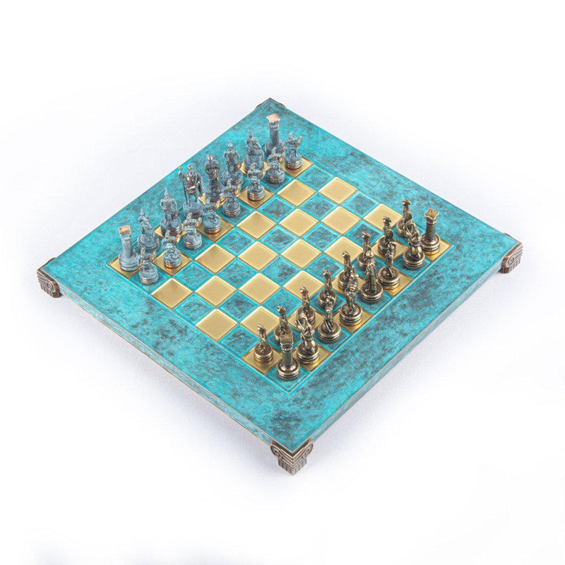 GREEK ROMAN PERIOD CHESS SET with blue/brown chessmen and bronze chessboard 28 x 28cm (Small)-Chess-Manopoulos-Brown-Small-Kvalitetstid AS