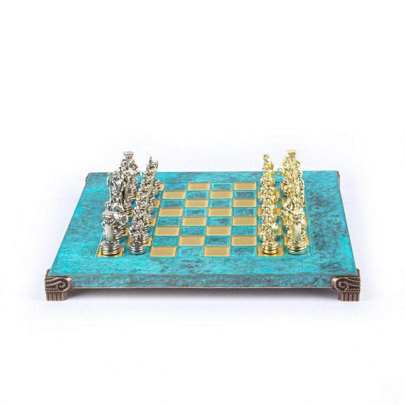 GREEK ROMAN PERIOD CHESS SET with gold/silver chessmen and bronze chessboard 28 x 28cm (Small)-Chess-Manopoulos-Turquoise-Small-Kvalitetstid AS