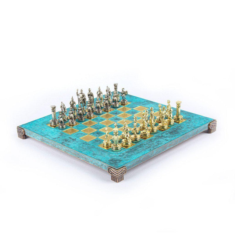 GREEK ROMAN PERIOD CHESS SET with gold/silver chessmen and bronze chessboard 28 x 28cm (Small)-Chess-Manopoulos-Brown-Small-Kvalitetstid AS