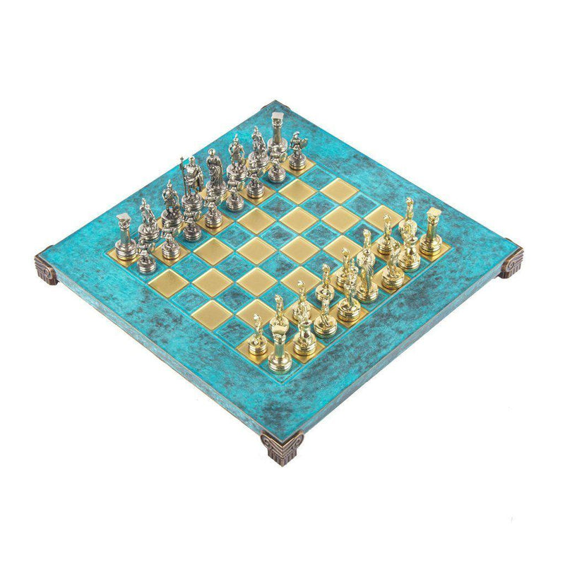 GREEK ROMAN PERIOD CHESS SET with gold/silver chessmen and bronze chessboard 28 x 28cm (Small)-Chess-Manopoulos-Brown-Small-Kvalitetstid AS